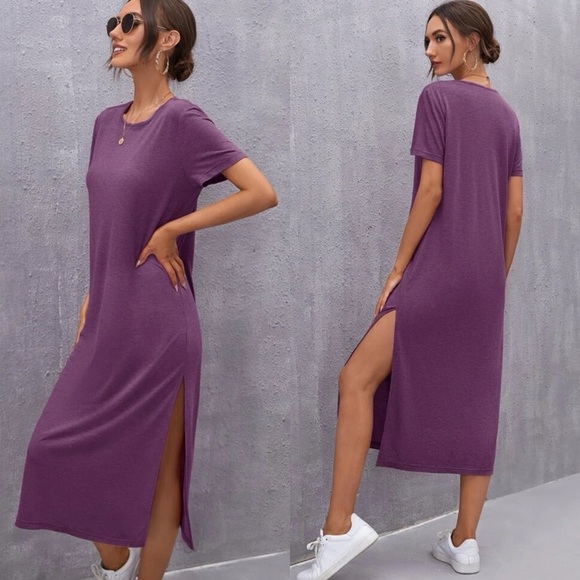 Short sleeve midi length slit tee dress casual boho black - Picture 5 of 10